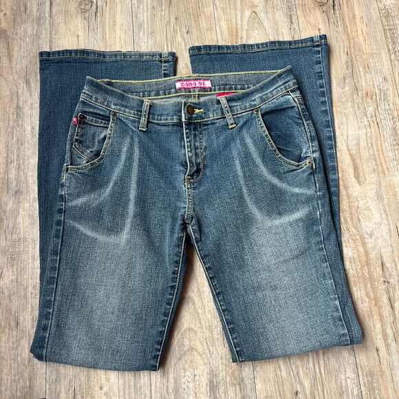 Y2K Flare Jeans Low Rise Dark Wash Yellow Stitch Hot Pink Blue Unique Grunge 29 - Picture 1 of 10